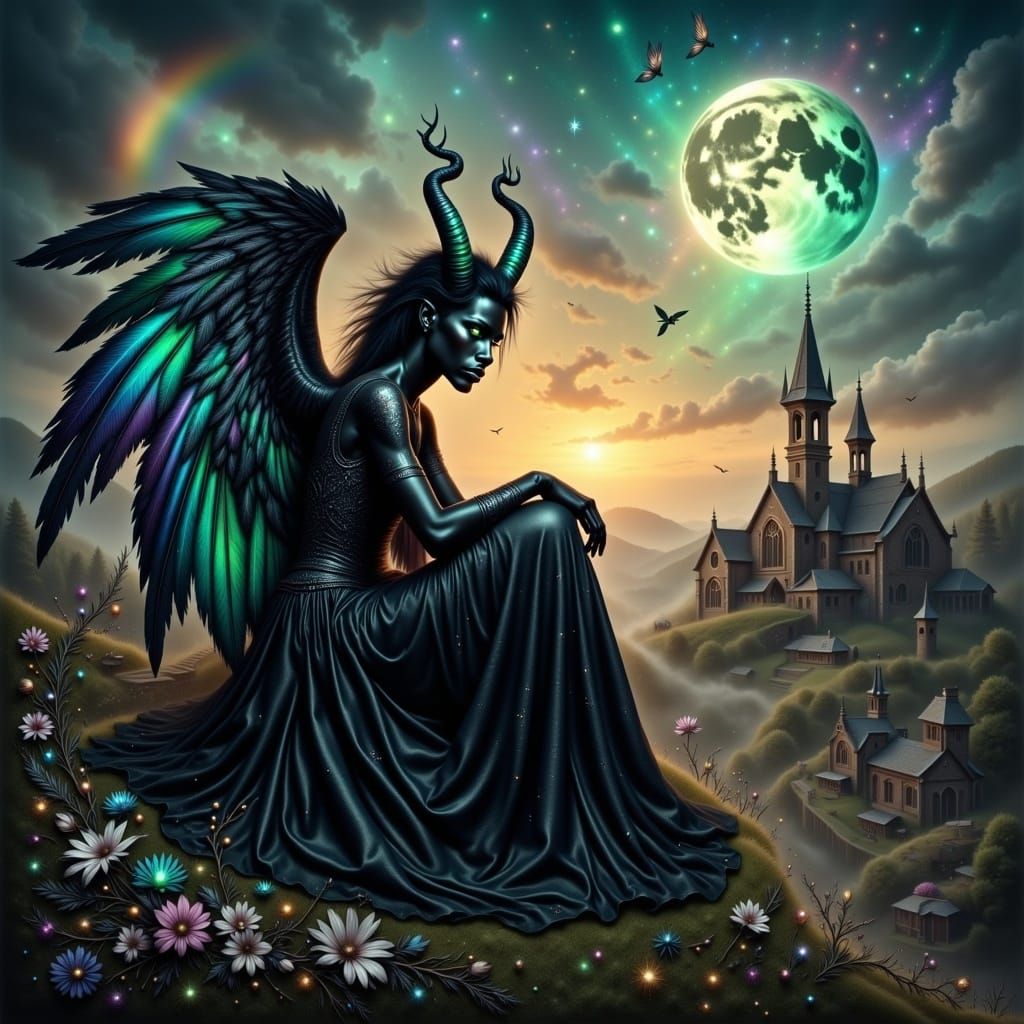 Ethereal Half Demon Angel Sits on Moonlit Hill