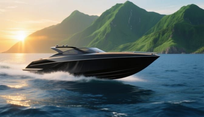 Photorealistic Black Speedboat on Deep Blue Ocean with Emera...