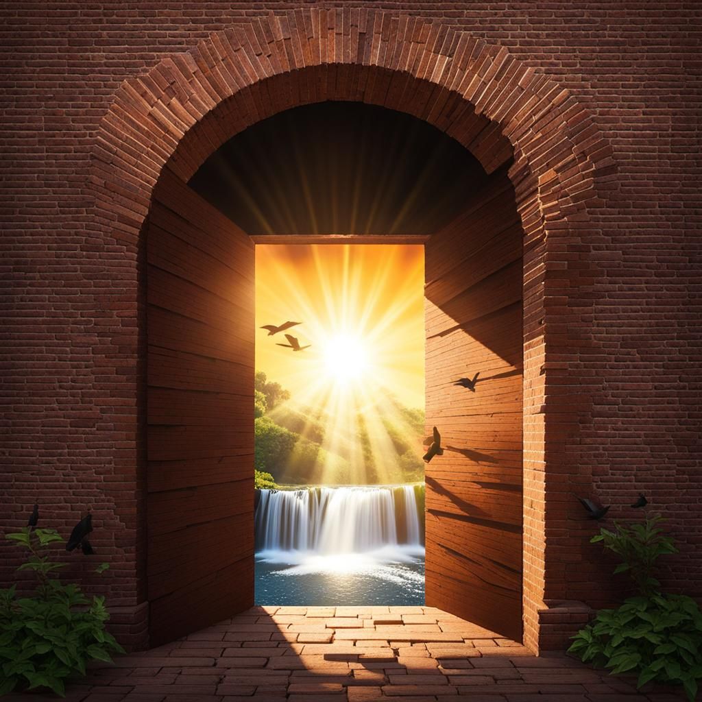Sunlit Doorway to Waterfall Oasis