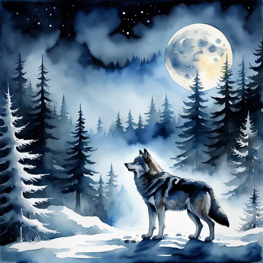 Wolf Howling at Moon in Watercolor Forest