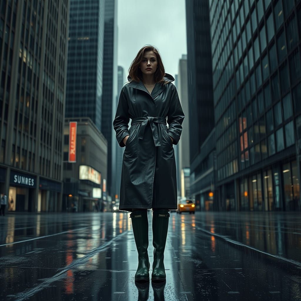 Moody Cityscape with Rainy Woman in Raincoat and Boots