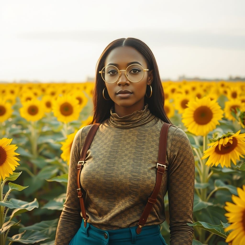 Portrait of Woman in Sunflower Field, Vibrant Realism