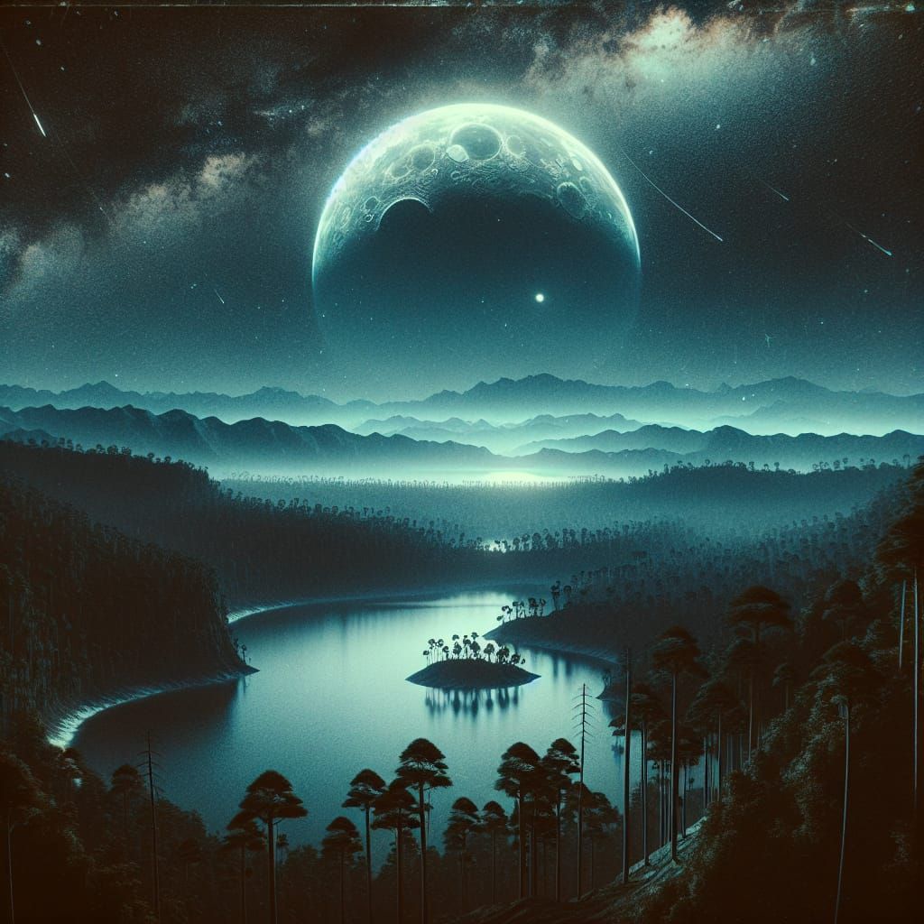 Alien Moon Over Mysterious Forest Landscape