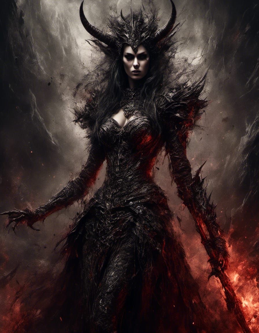 Epic Demon Princess Portrait in Charcoal Style