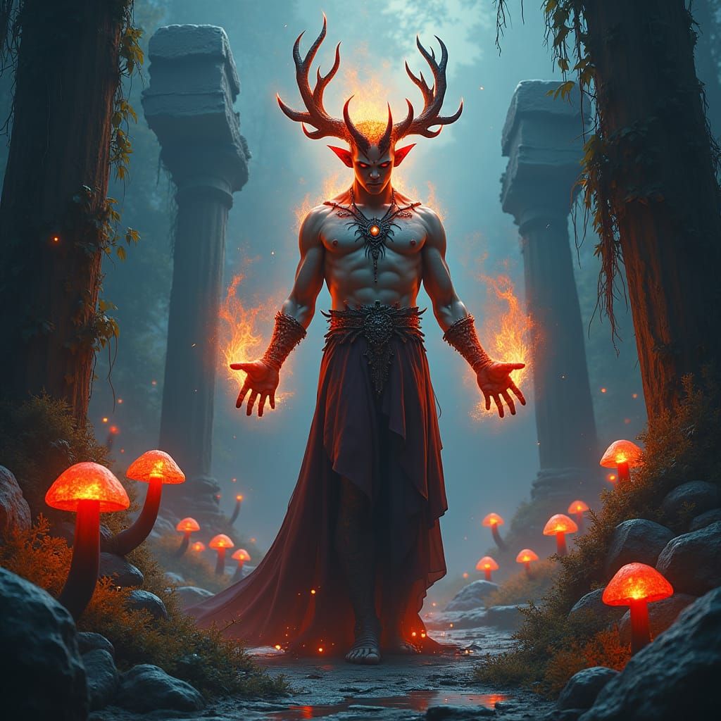 Fiery Efreet in Mystical Ruins: Digital Matte Painting