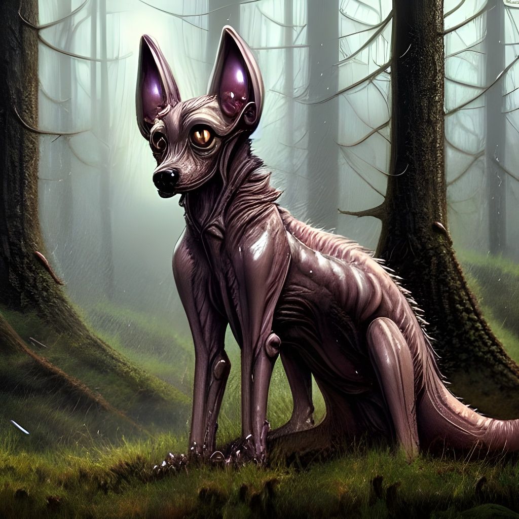 Hyperdetailed Alien Dog in Rainy Forest