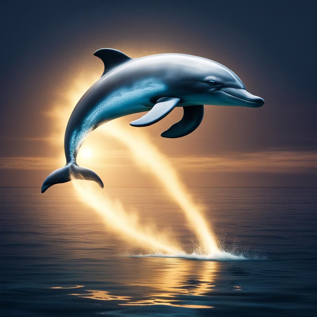 Luminous Dolphin Leaps Above Mirrored Sea