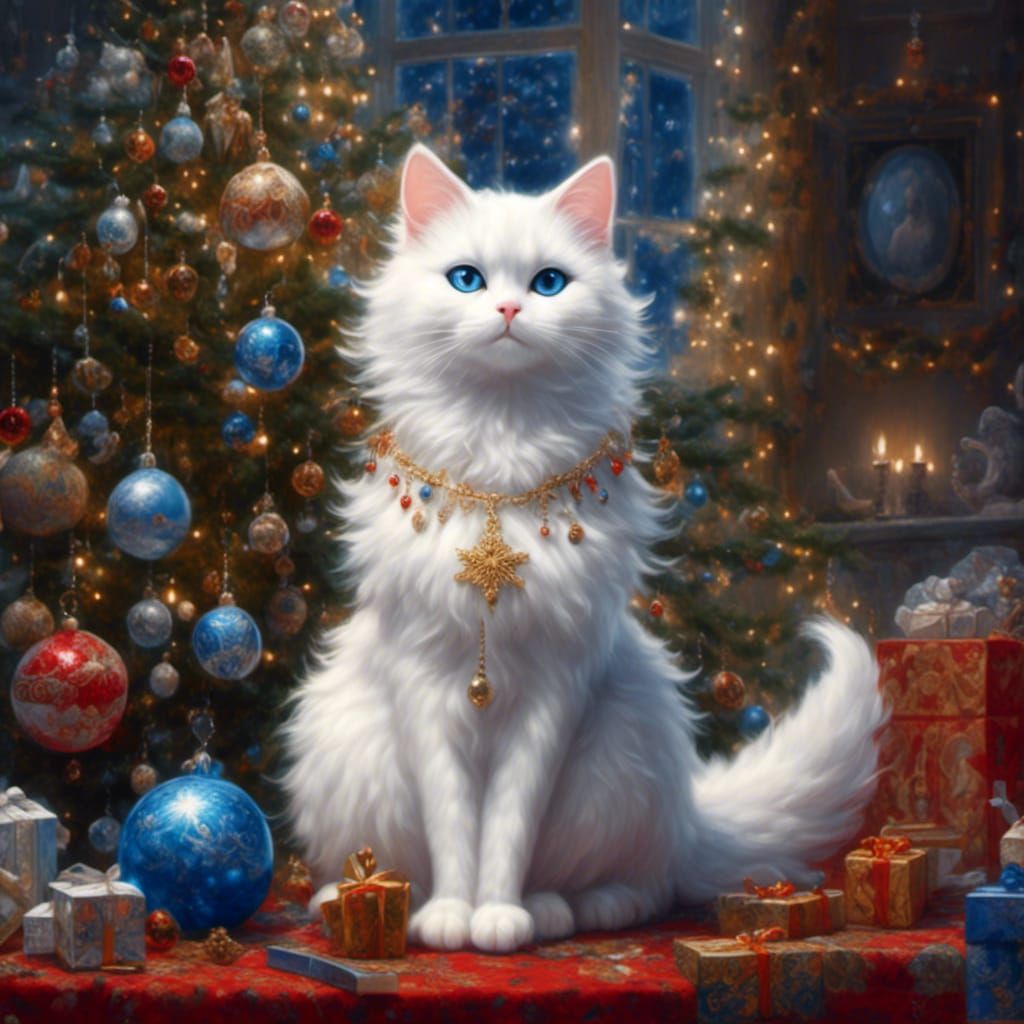White Cat by Christmas Tree: Detailed Furry Art