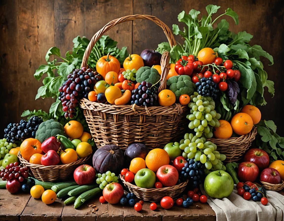 Still Life of Bountiful Harvest in Rustic Basket