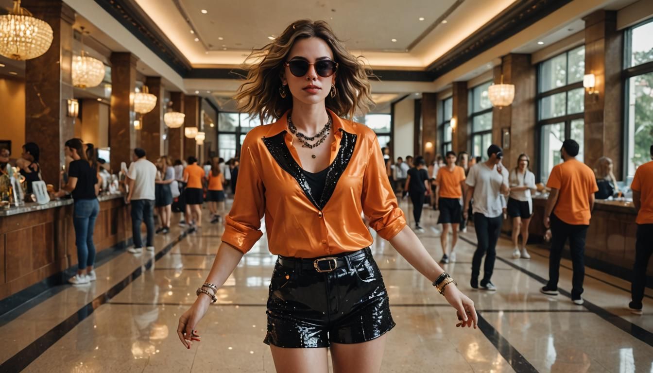 Stylish Woman in Orange and Black 90s Outfit
