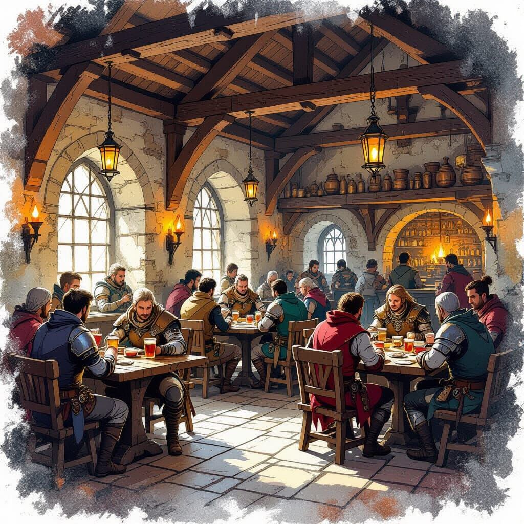 Bustling Medieval Tavern Scene in Modern Ink Painting Style