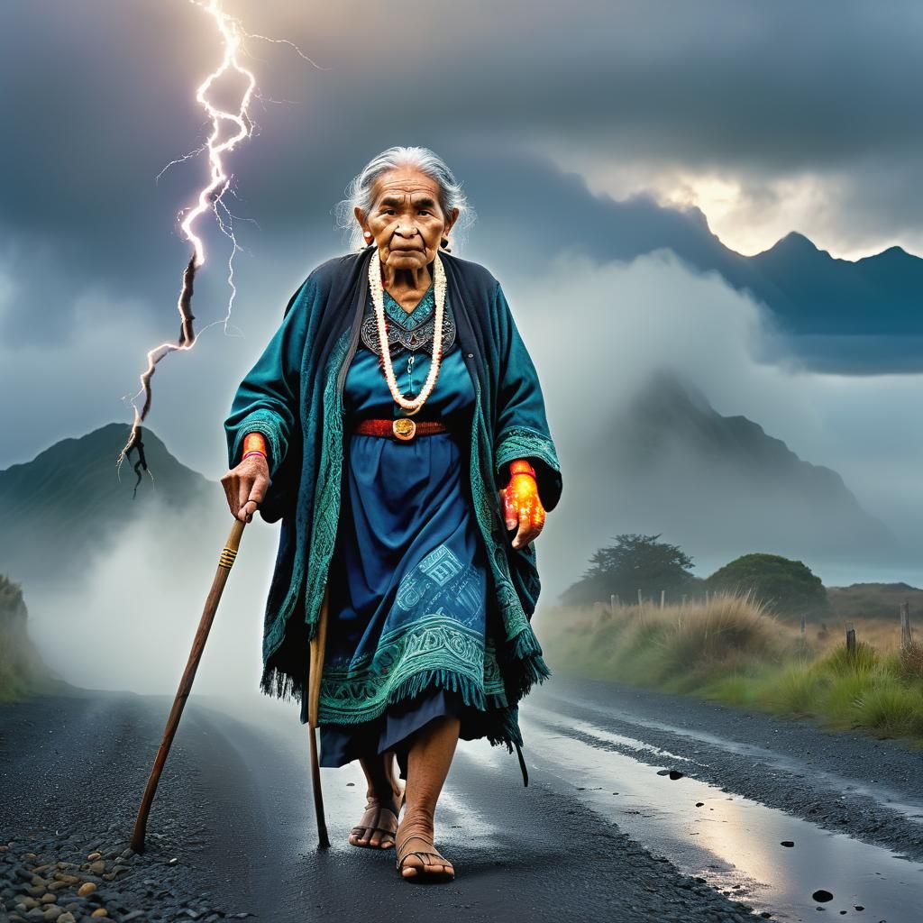 Elderly Maori Woman Emerging from Fog in Mystical Realism