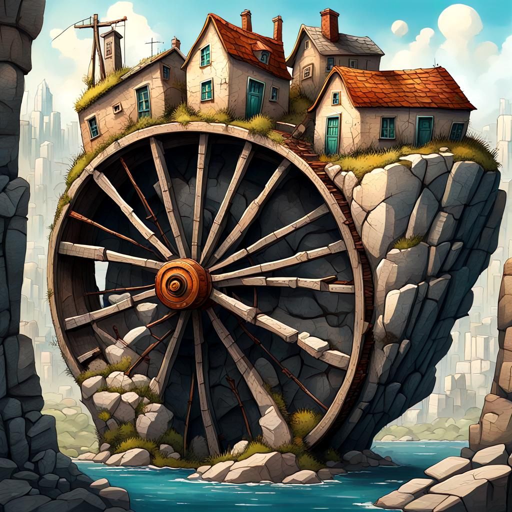 Surreal City Houses Turning on Rustic Wheel