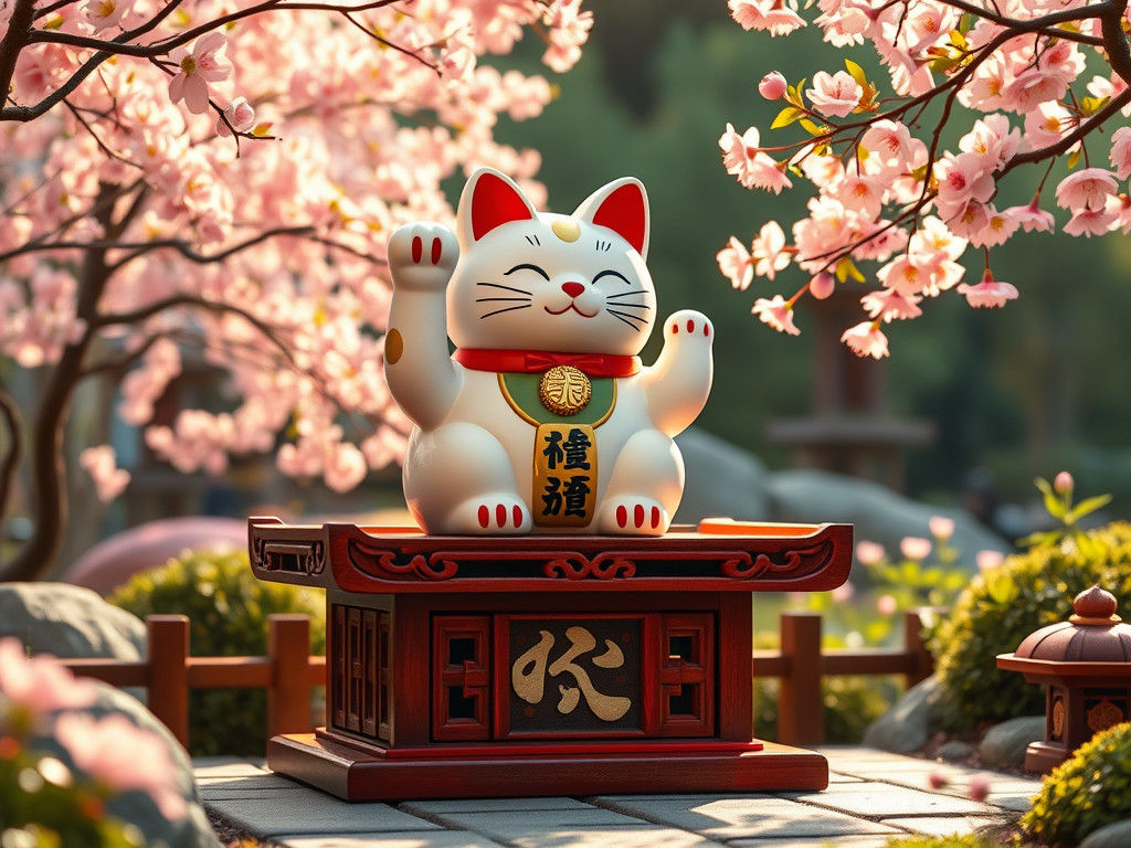 Lucky Cat Figurine in Japanese Garden, Murakami Style