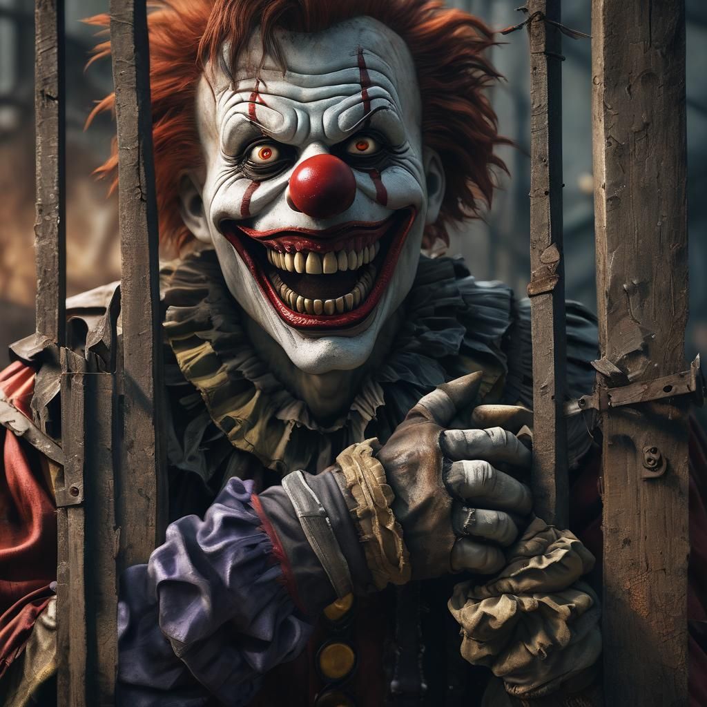 Creepy Clown Pinned Against Fence: Dark Fantasy Art