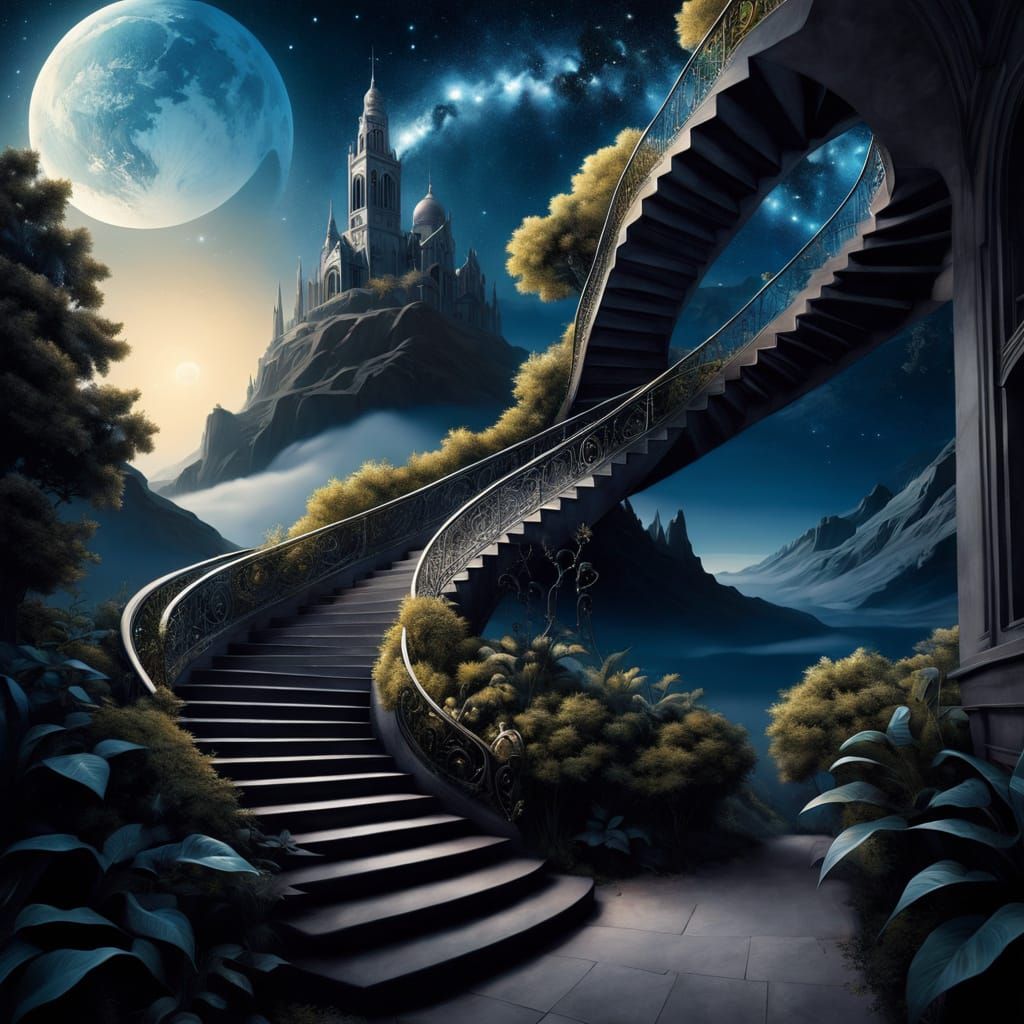 Ascending to Celestial Wonder in a Surreal Stairway Scene