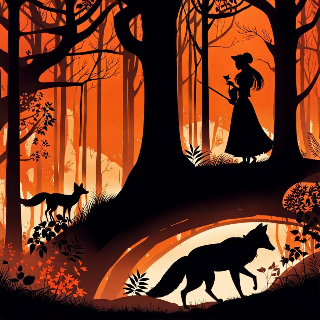 Woman and Fox in Forest, Lotte Reiniger Style