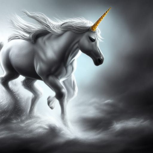 White Unicorn in Hyperrealistic Charcoal Drawing