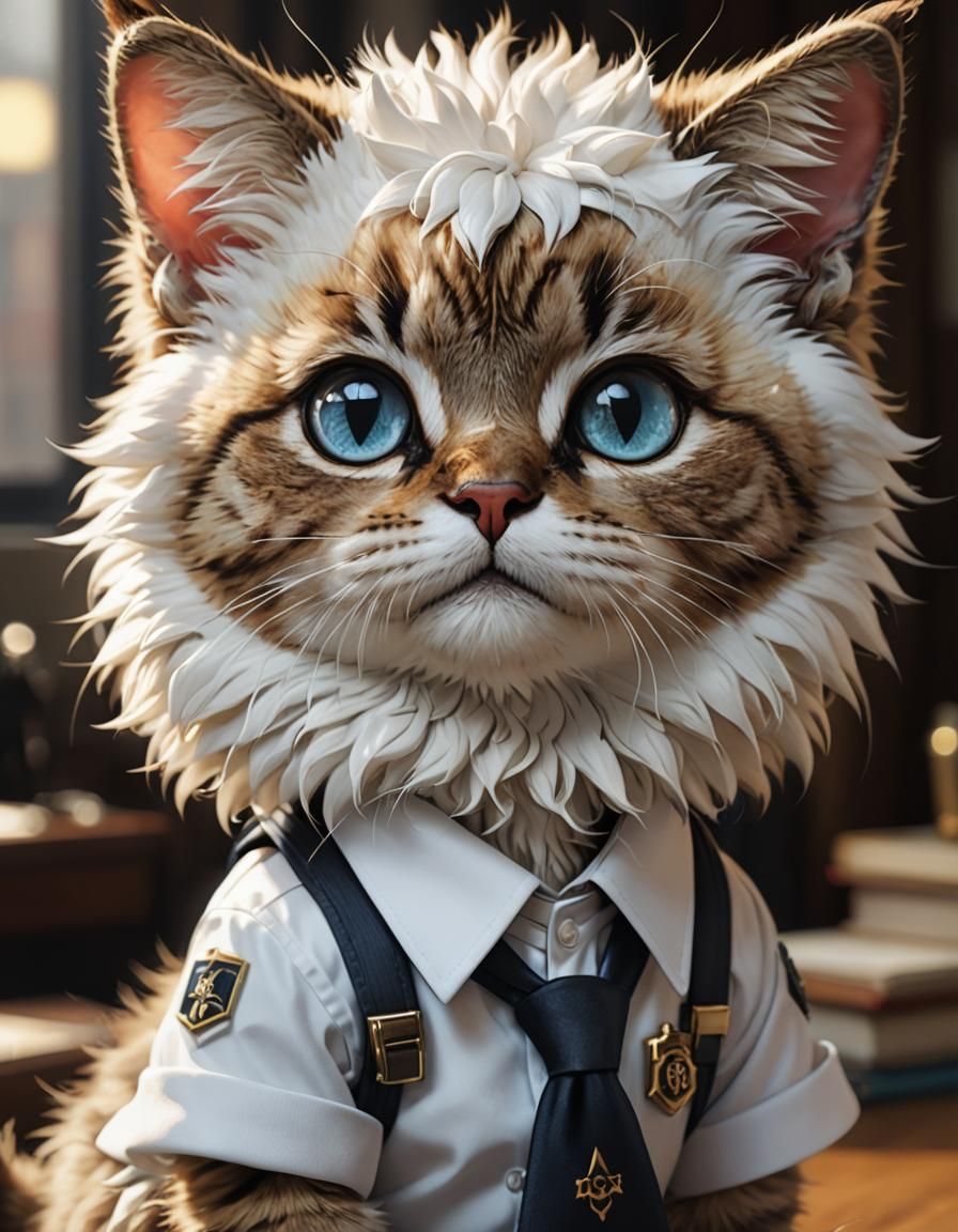 Anthropomorphic Cat in School Uniform, Detailed 3D Art