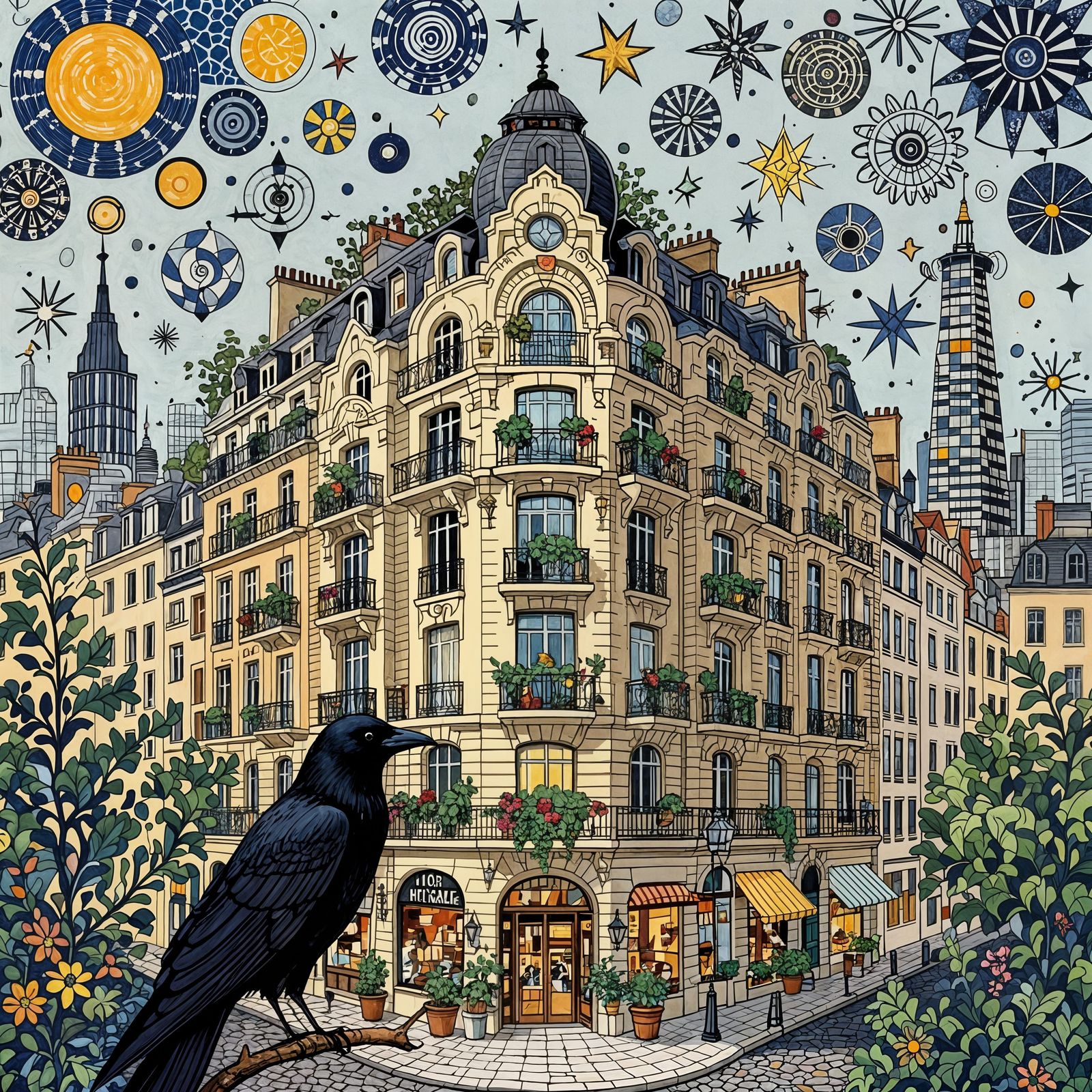Art Nouveau Cityscape with Crow Quill Ink Style