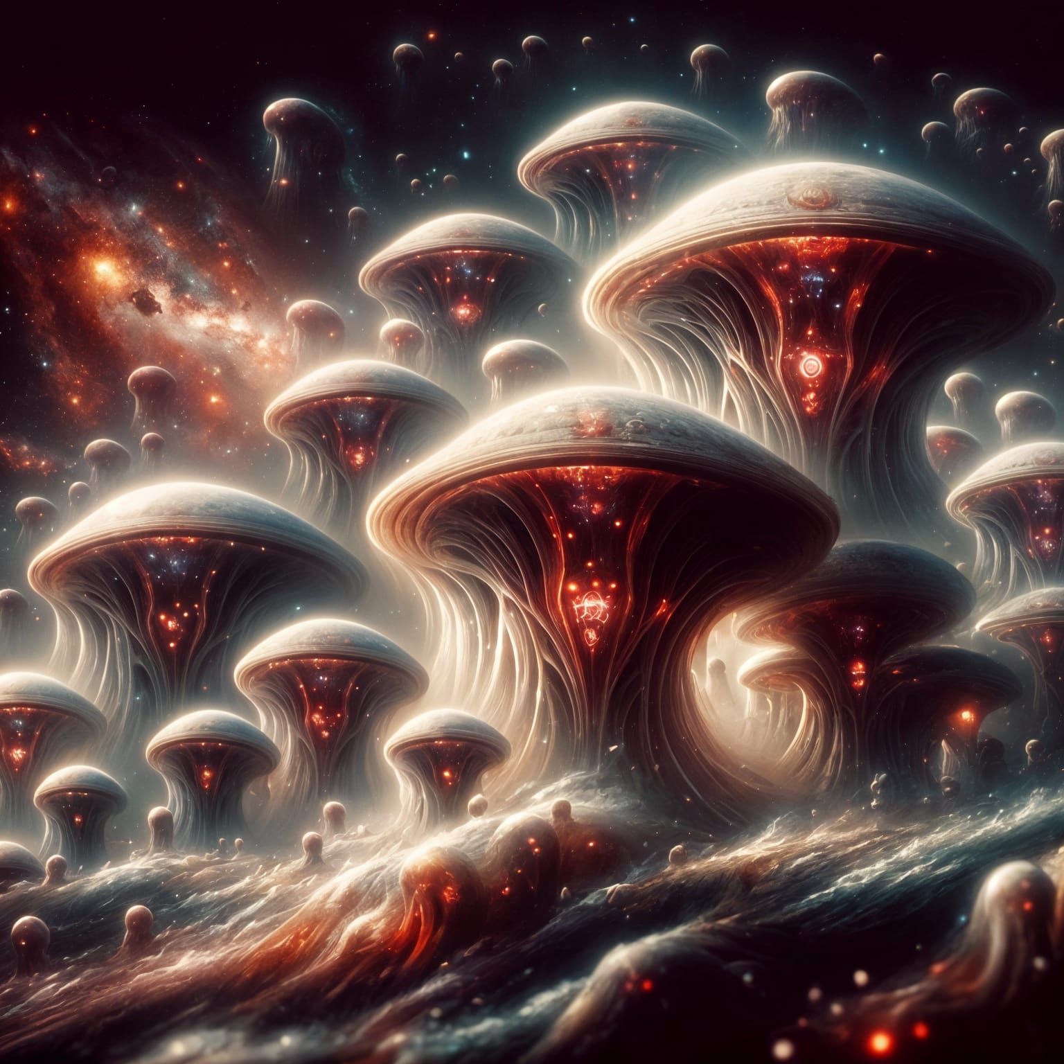 Ethereal Oysteroids Roaming Space in Vintage Style