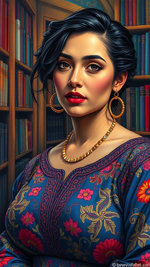 Beautiful Iranian Woman in Library: Polychromatic Oil Painti...