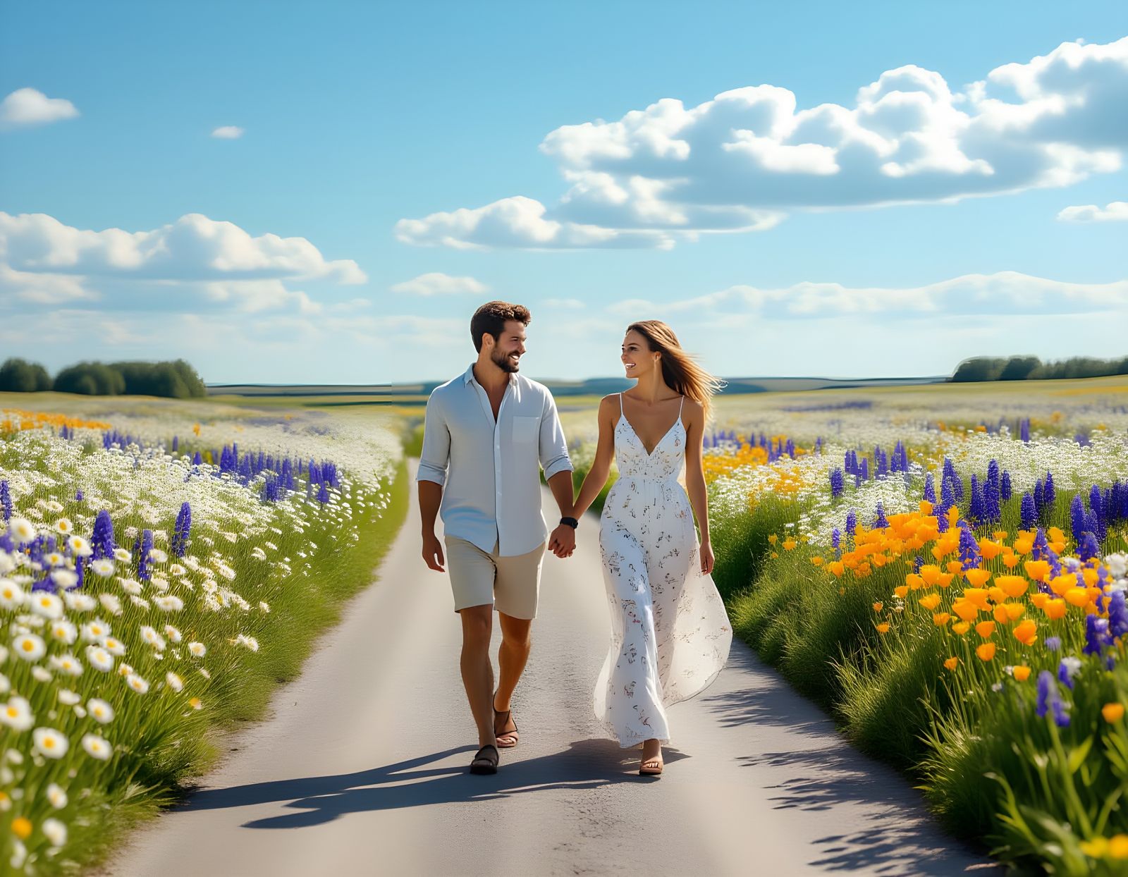 Couple Walks Through Flower Field in Morning Light
