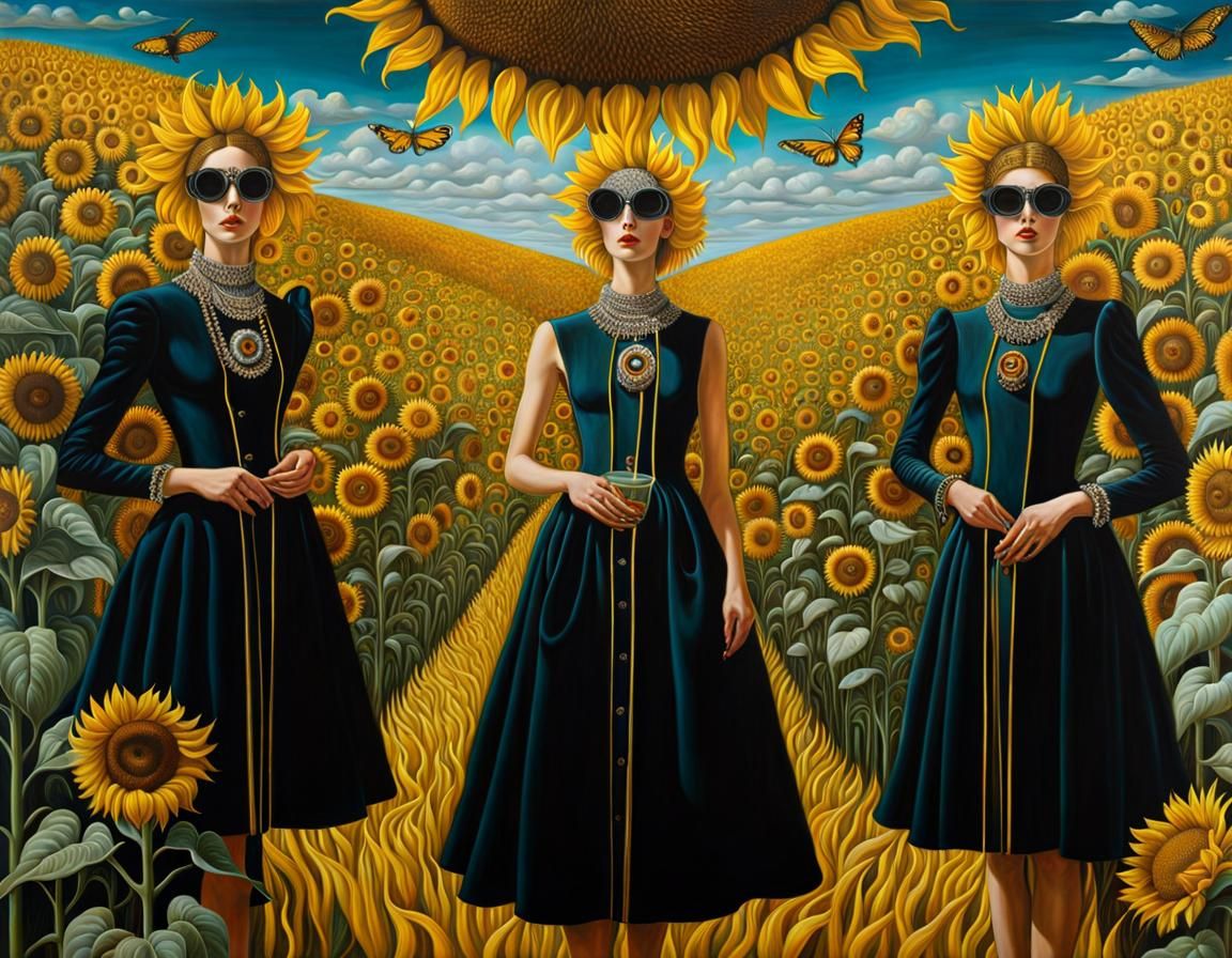 Surreal Fashion Show in Sunflower Field