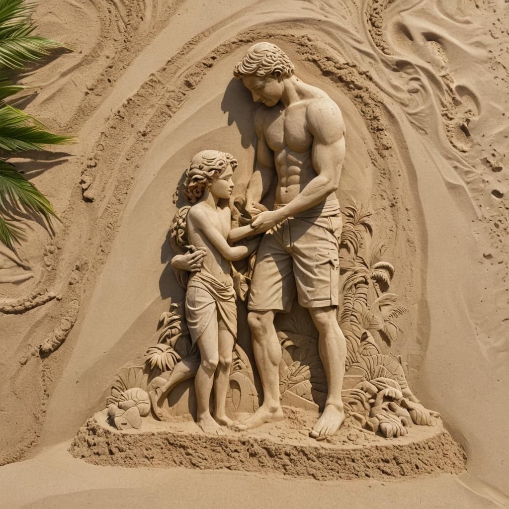 A father with his son who is made of sand, building A sand c...