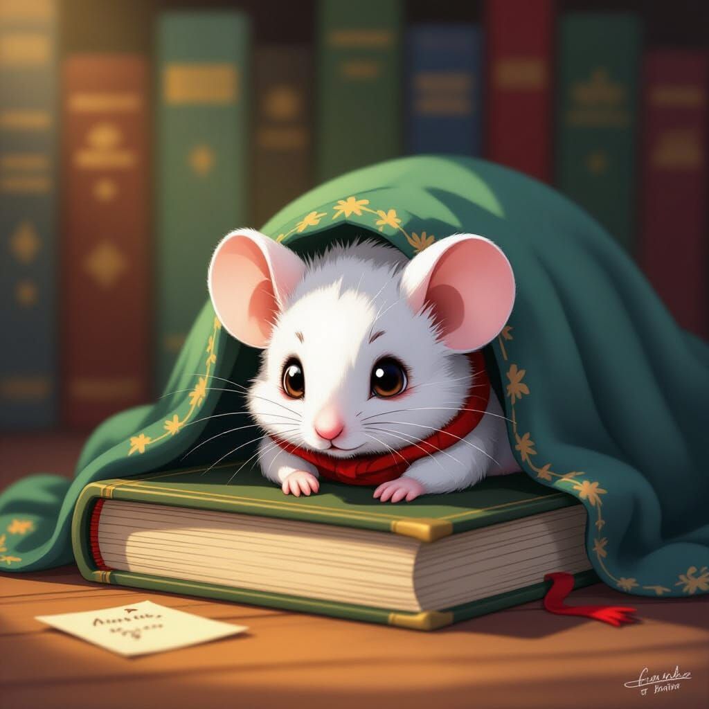 Timid Mouse Hiding Under Book in Manga Style