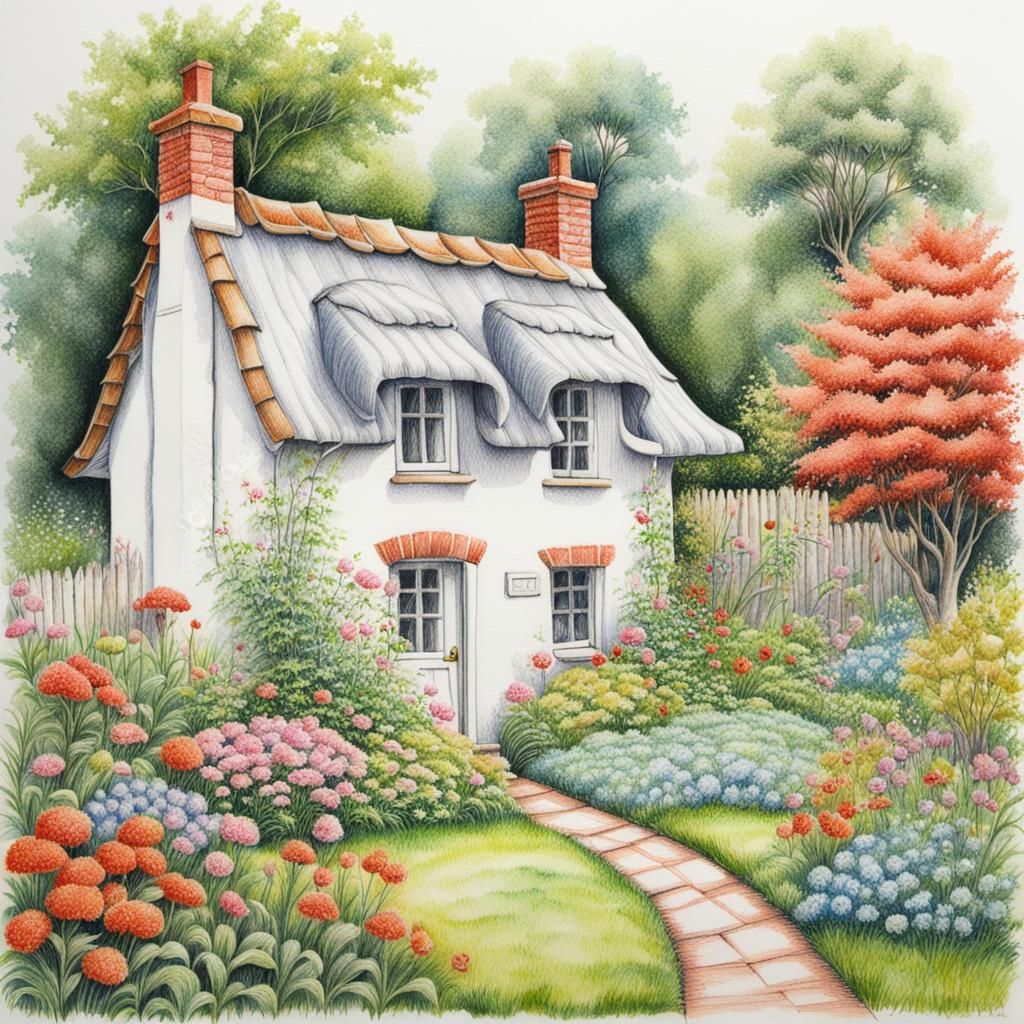 Charming Cottage in Garden: Colored Pencil Drawing