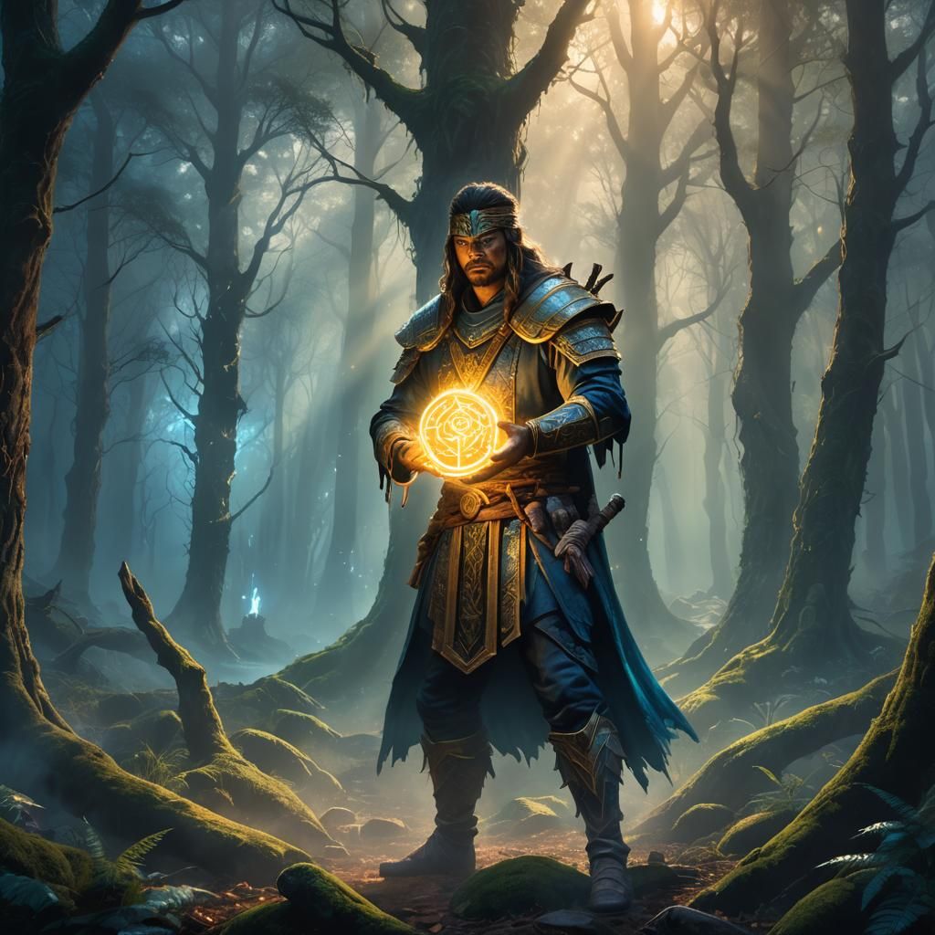 Ancient Warrior with Glowing Runes in Misty Forest