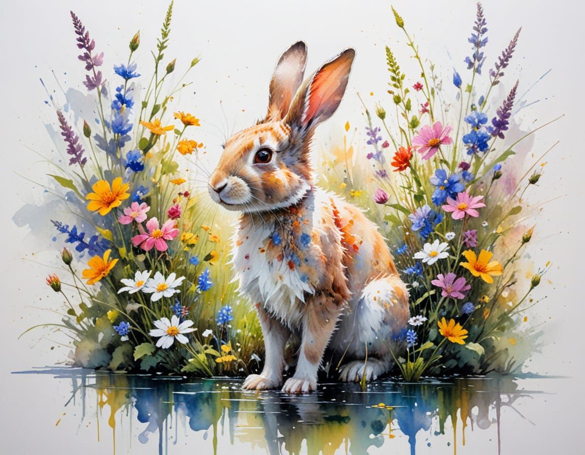 Playful Rabbit in Sunlit River Garden: Eight Legs