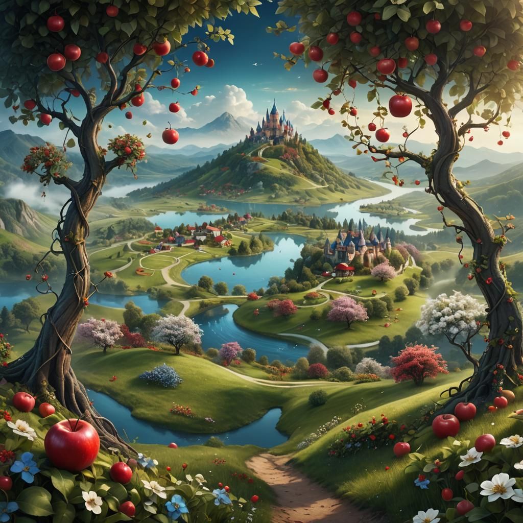 Whimsical Fantasy Apple Land in Dreamlike Digital Painting