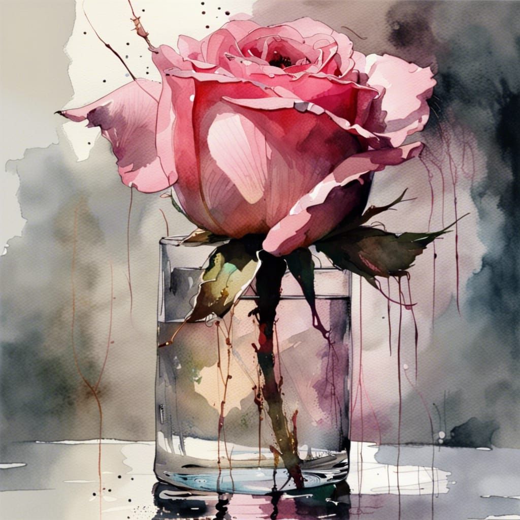 Elegant Watercolor Pink Rosebud in Glass Vase