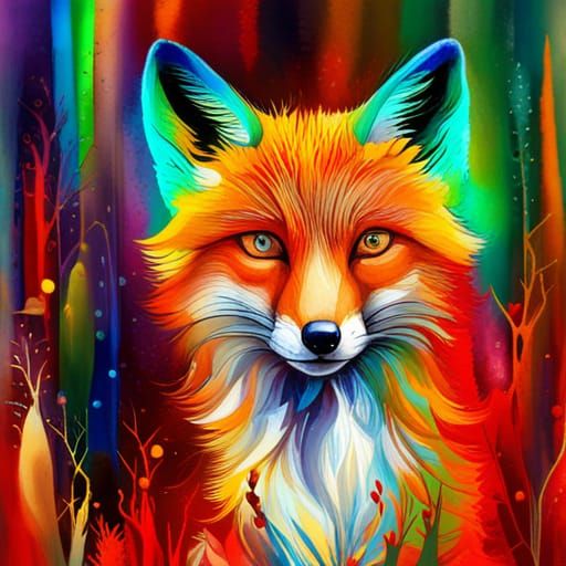 Fox Abstract Watercolor Art in Fantasycore Style