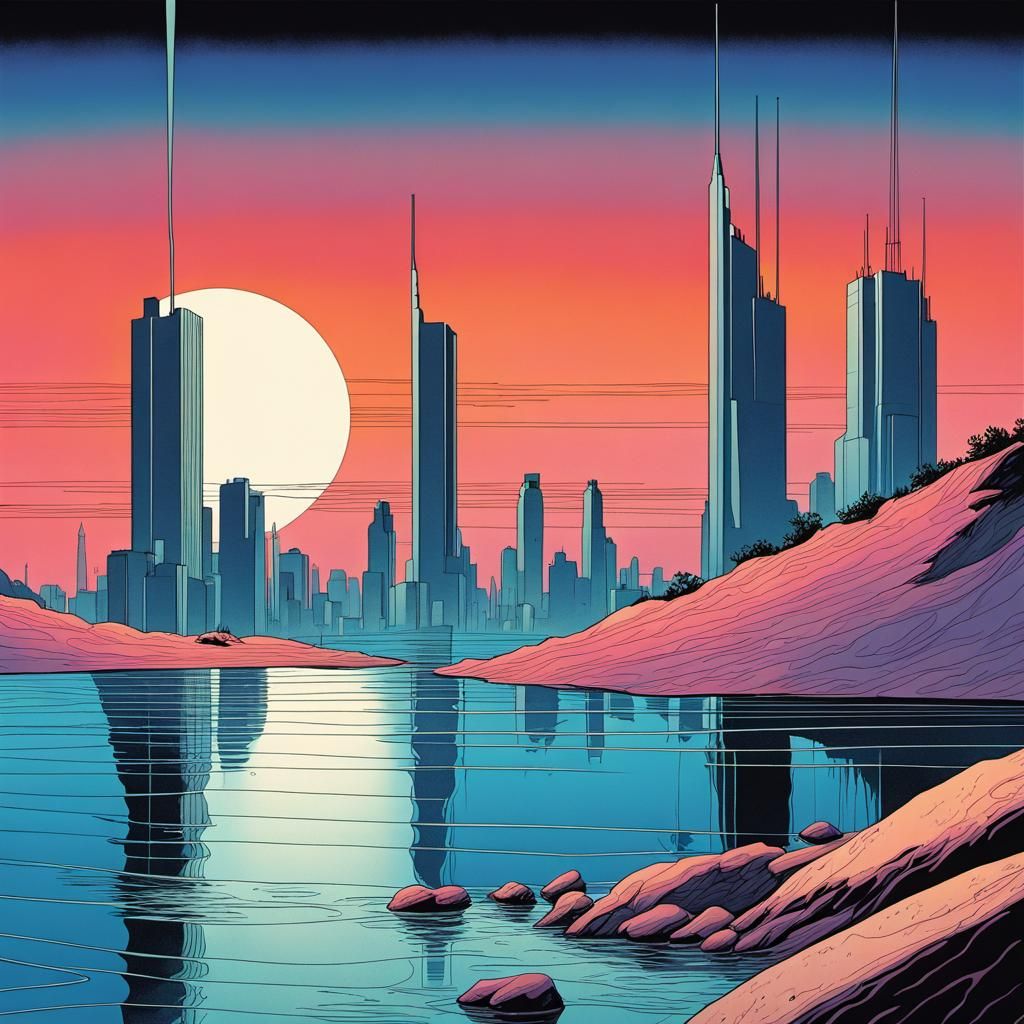 Cityscape in Graphic Novel Bauhaus Vaporwave Style
