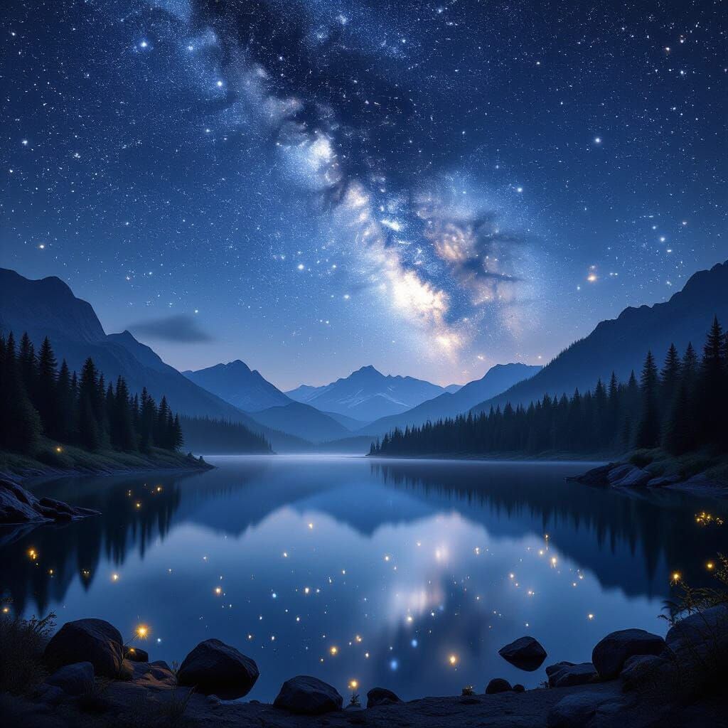 Night Sky Over Mountain Lake: Milky Way & Stars