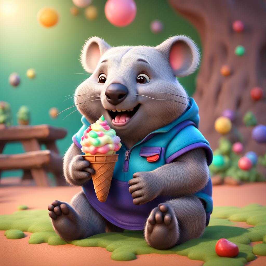 Wombat Eating Ice Cream: Pixar-Style 3D Render