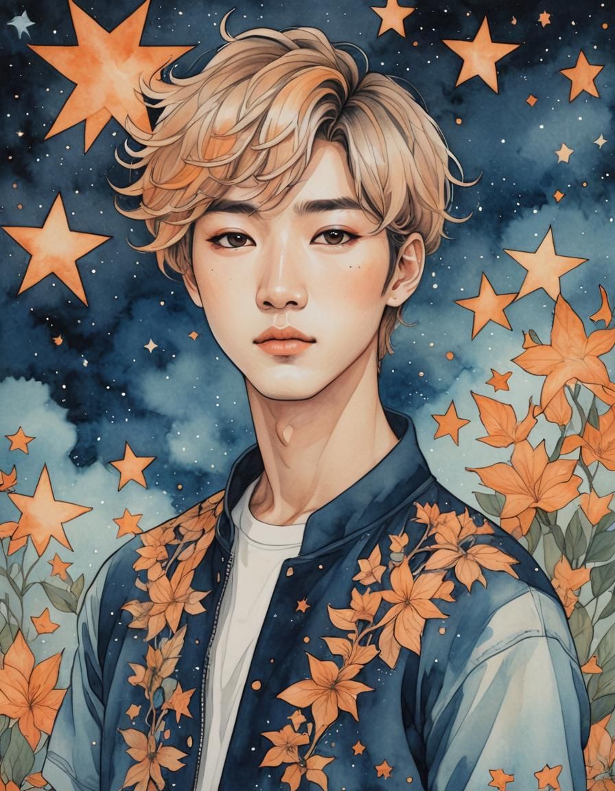 Watercolor Portrait of a K-Pop Idol with Stars