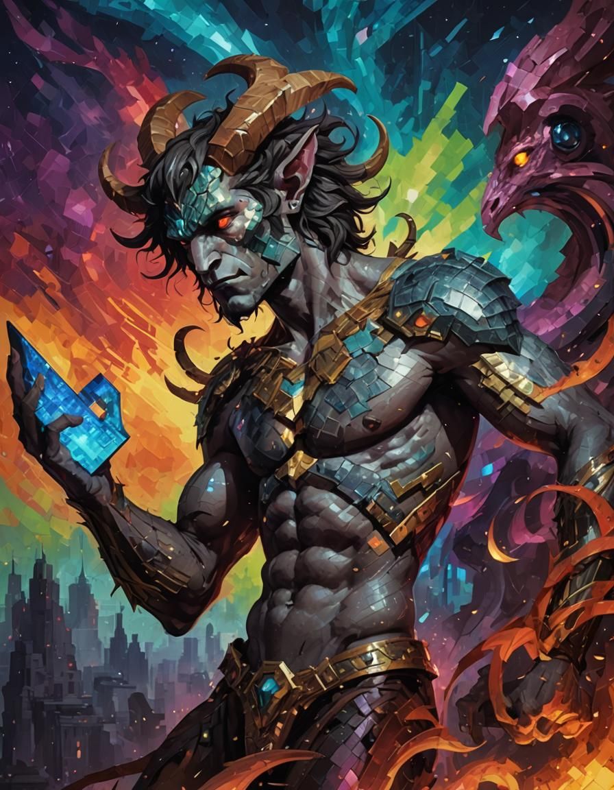 Pixelated Satyr in Surrealist Landscape, Digital Art