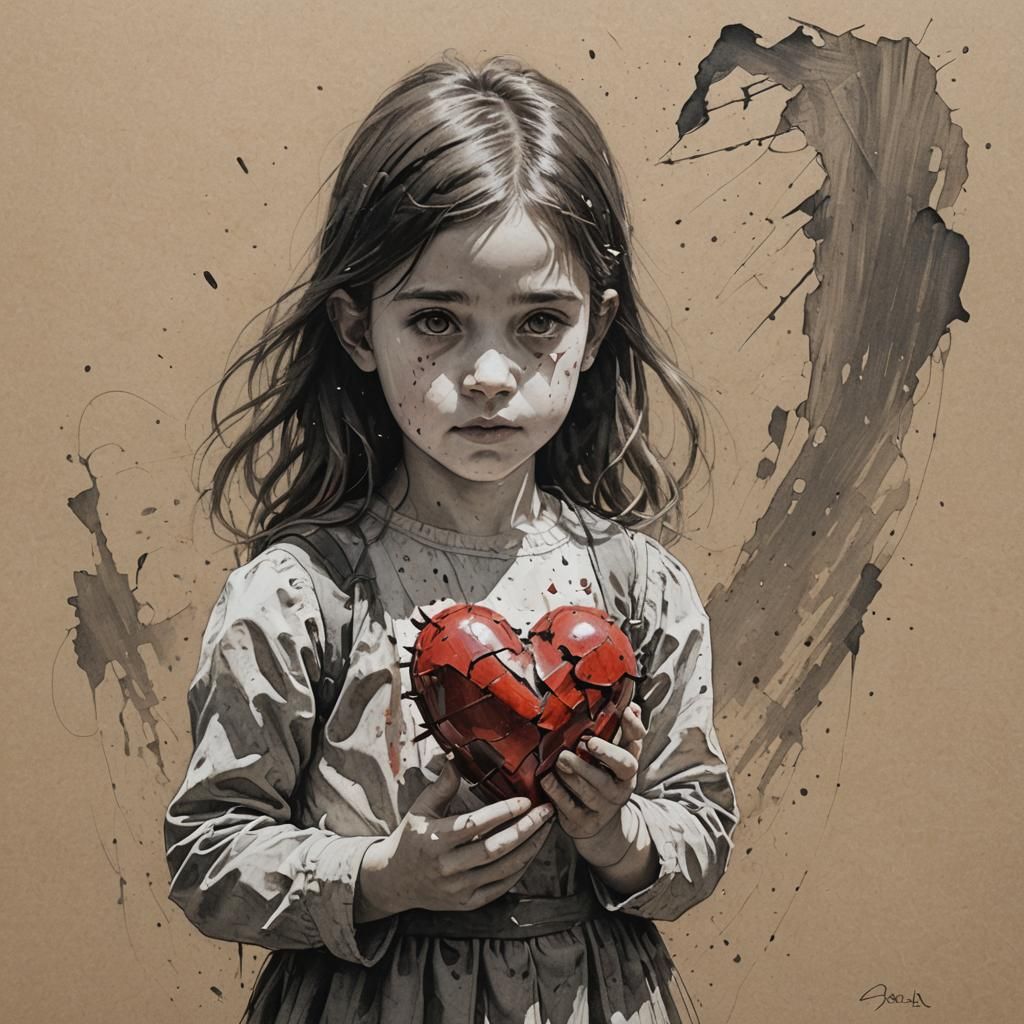 Shattered Heart: Modern Ink Sketch of Young Girl