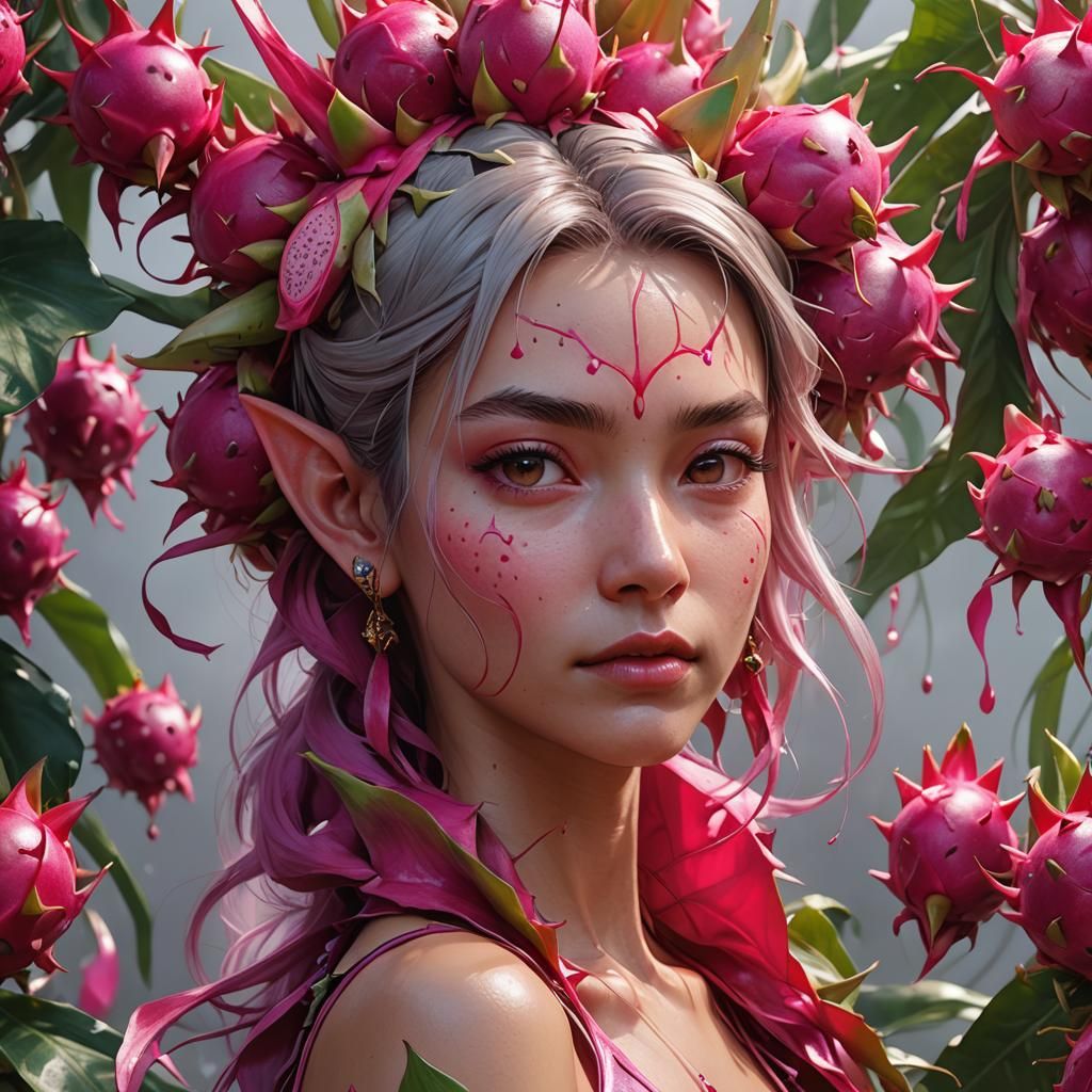 Dragon Fruit Fairy Portrait in Hyperdetailed Style