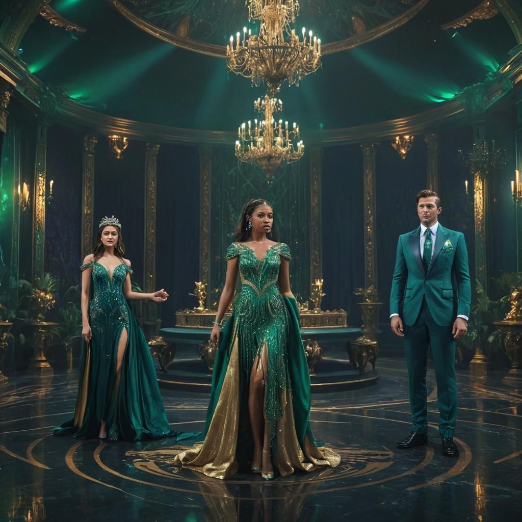 Elegant Game Show Contestants in a Fantastical Studio Settin...