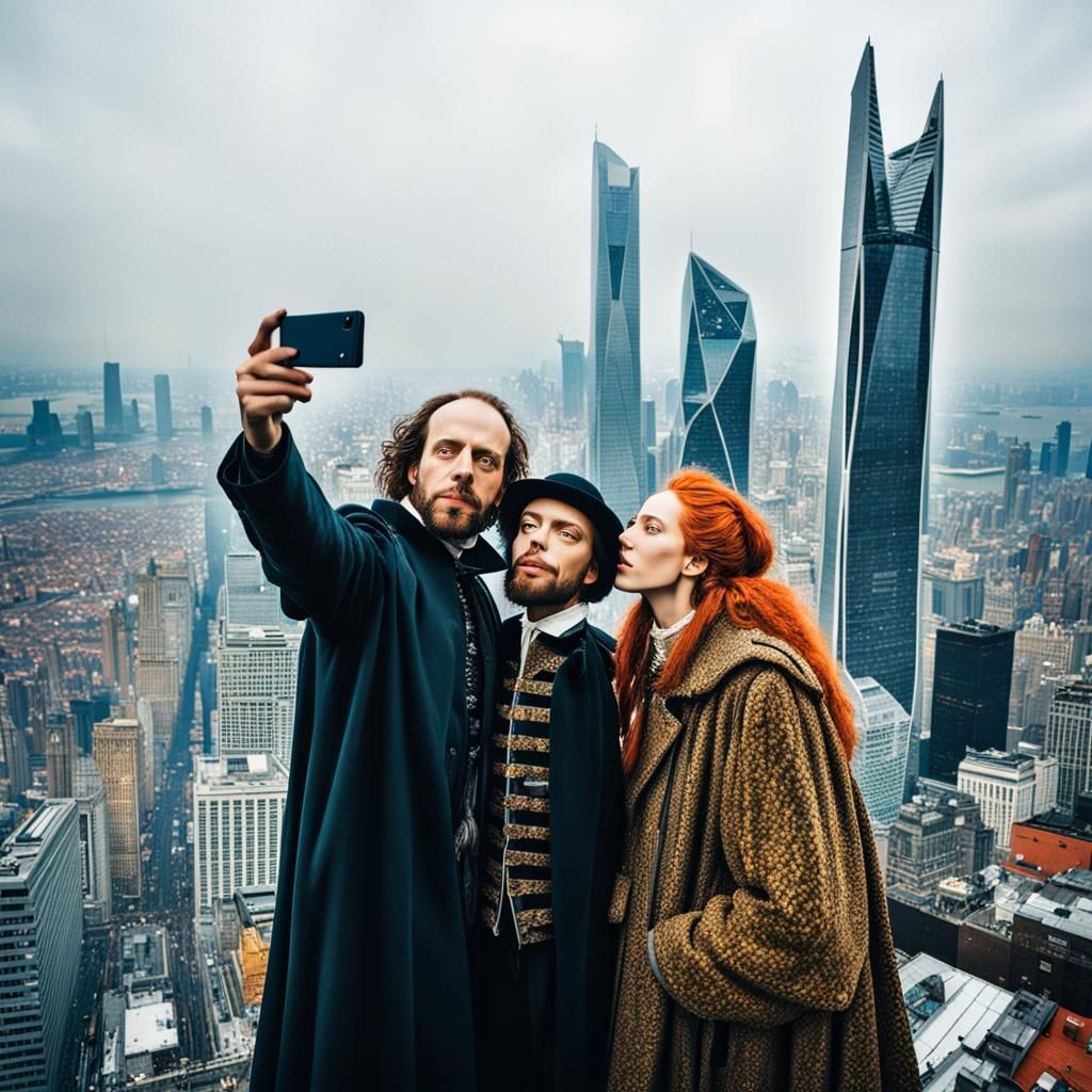 Shakespeare with friends taking a selfie standing on the skyscraper