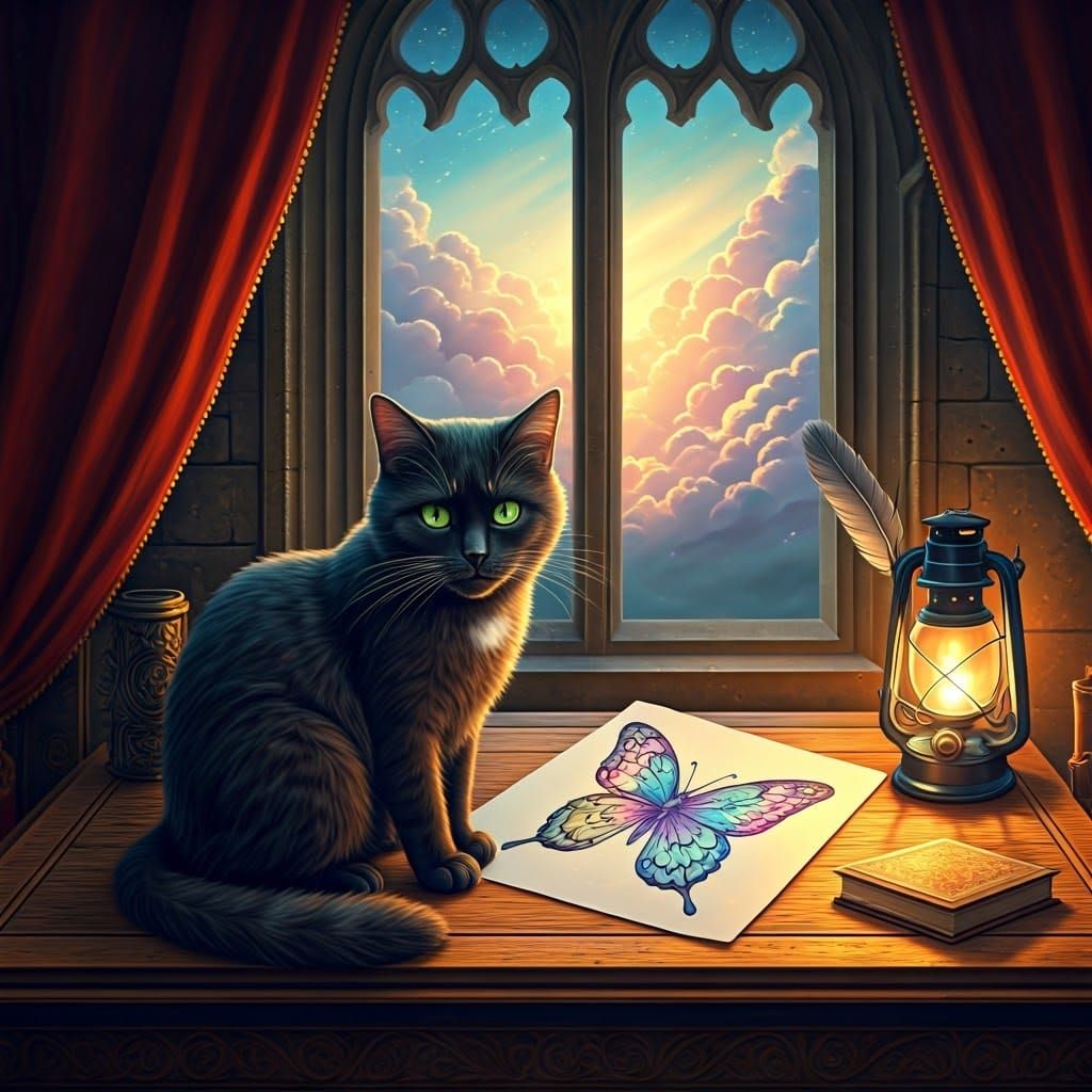 Whimsical Cat Surrounded by Magic in a Castle Room
