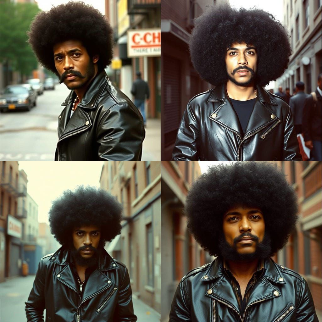 Man in Black Leather Jacket with Iconic 1970s Afro Hair