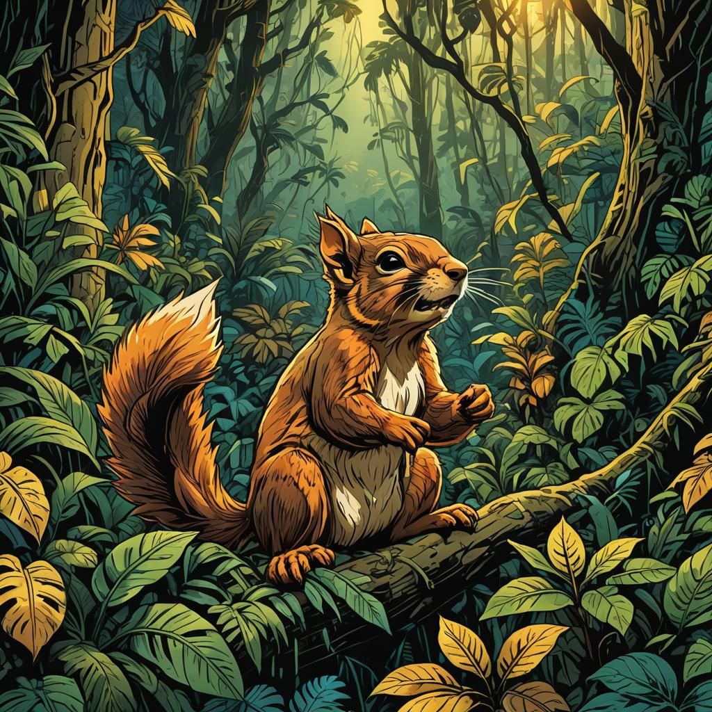 Squirrel Eats Monkey in Comic Book Style