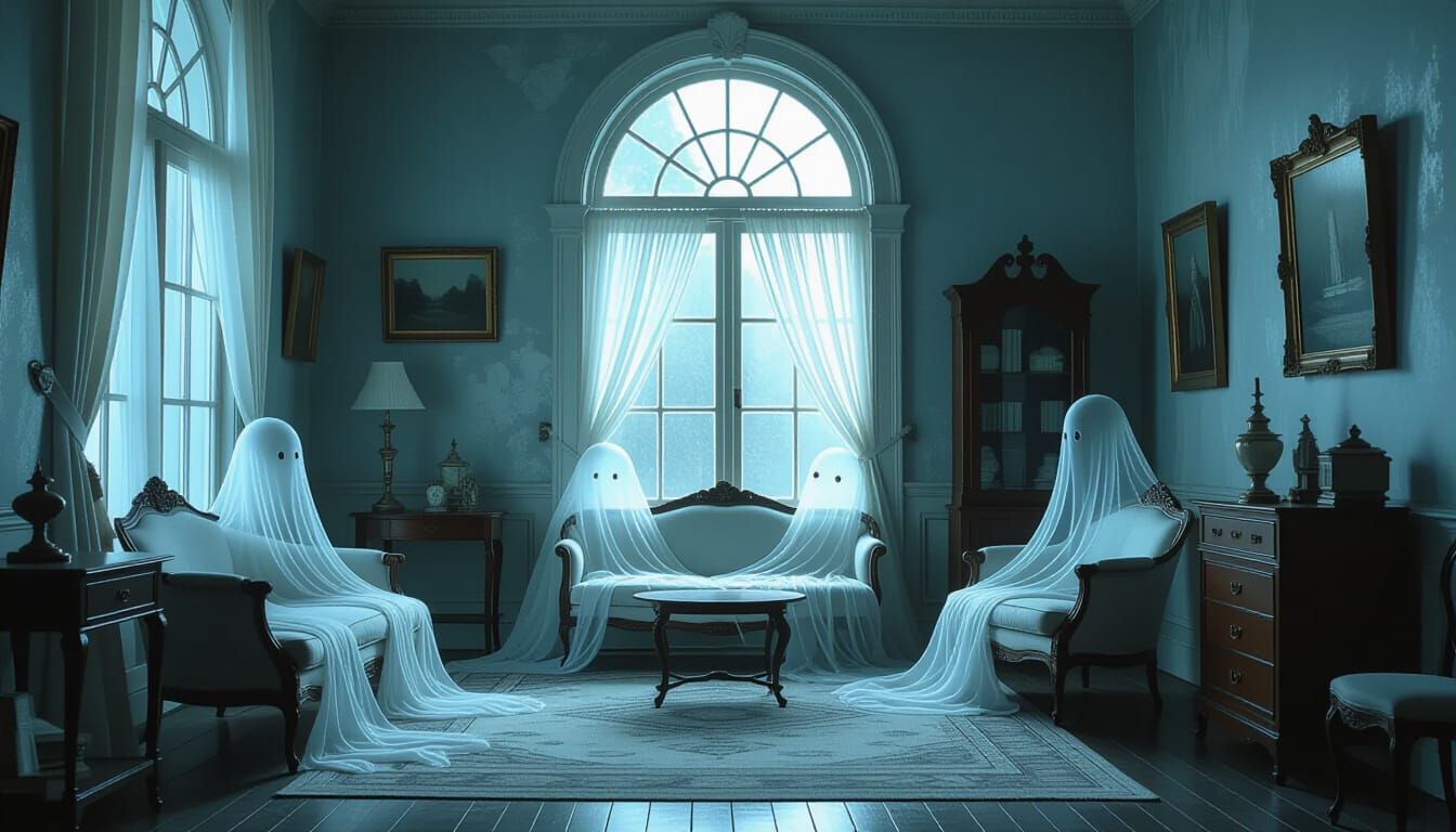 Spectral Victorian Room with Ethereal Creatures