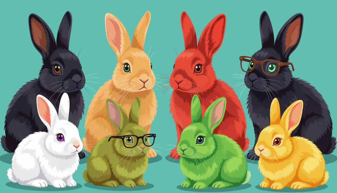 Colorful Rabbits with Unique Eye Colors and Glasses